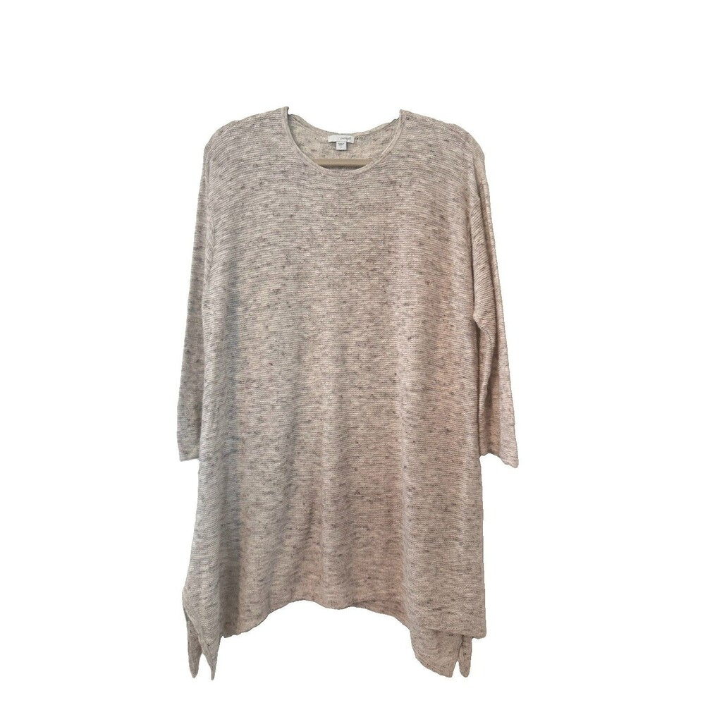 PURE JILL SWEATER Size Large Long Tunic Beige Gray 3/4 Sleeve Asymmetrical Hem